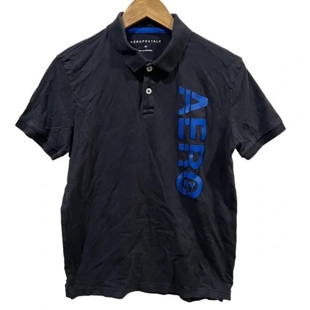Aeropostale Mens Polo Shirt Black Blue Logo Short Sleeve Cotton M‎